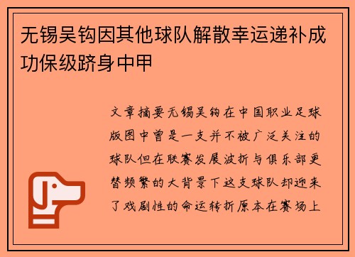 无锡吴钩因其他球队解散幸运递补成功保级跻身中甲